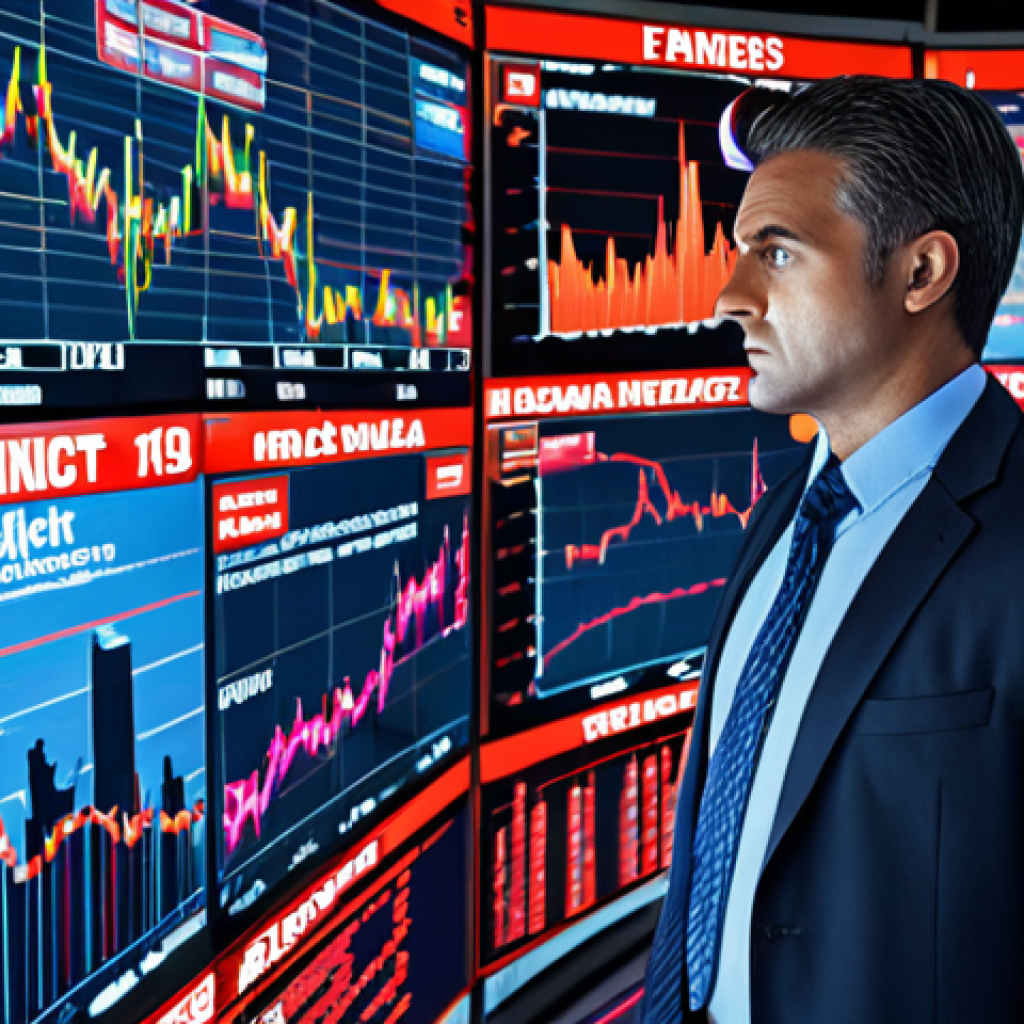 A focused financial risk manager with sharp eyes, standing amidst a swirling, vibrant cityscape of real-time financial data streams and interconnected global news headlines. The scene captures the intense, dynamic "heartbeat of the living market," with abstract representations of emerging risks and hidden opportunities appearing as complex, energetic patterns. The atmosphere is alert and analytical.