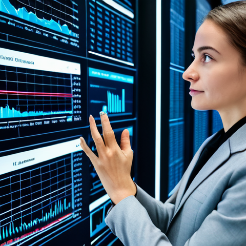 A professional female financial risk analyst, fully clothed in a modest business suit, observing a large, interactive holographic data display showing complex market trends and AI-driven predictive models in a modern, high-tech financial data center. Her posture is natural, indicating deep engagement with the real-time analytics. Perfect anatomy, correct proportions, natural pose, well-formed hands, proper finger count, natural body proportions, appropriate attire, professional photography, high quality, safe for work, appropriate content, family-friendly.