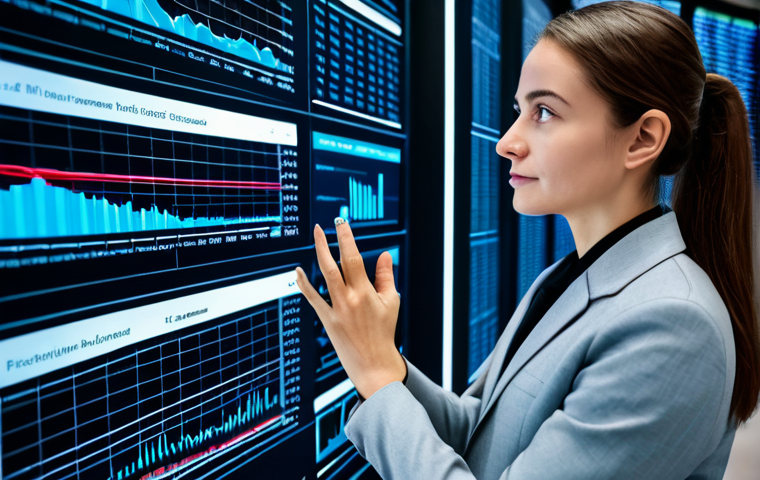 A professional female financial risk analyst, fully clothed in a modest business suit, observing a large, interactive holographic data display showing complex market trends and AI-driven predictive models in a modern, high-tech financial data center. Her posture is natural, indicating deep engagement with the real-time analytics. Perfect anatomy, correct proportions, natural pose, well-formed hands, proper finger count, natural body proportions, appropriate attire, professional photography, high quality, safe for work, appropriate content, family-friendly.