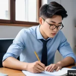 FRM 자격증을 준비하는 직장인의 시간 관리 - A focused young professional studying at a tidy desk in a bright, well-ventilated room with natural ...