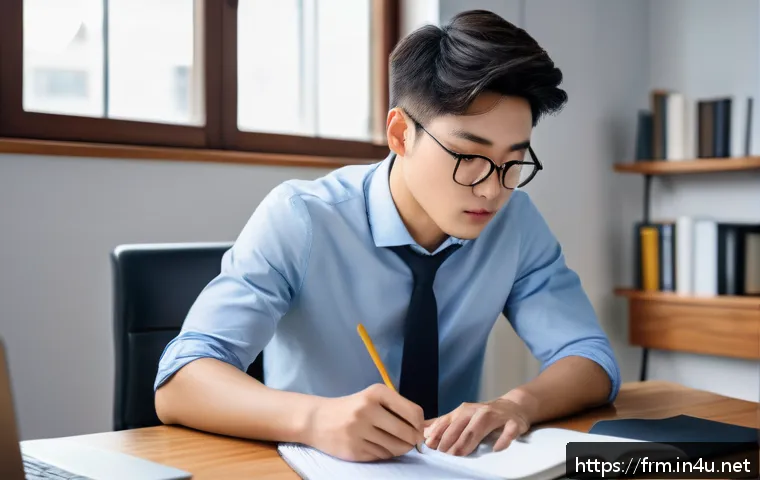 FRM 자격증을 준비하는 직장인의 시간 관리 - A focused young professional studying at a tidy desk in a bright, well-ventilated room with natural ...