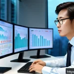 재무위험관리사 직무 인터뷰 - A professional financial risk manager in a modern office environment, analyzing multiple digital scr...