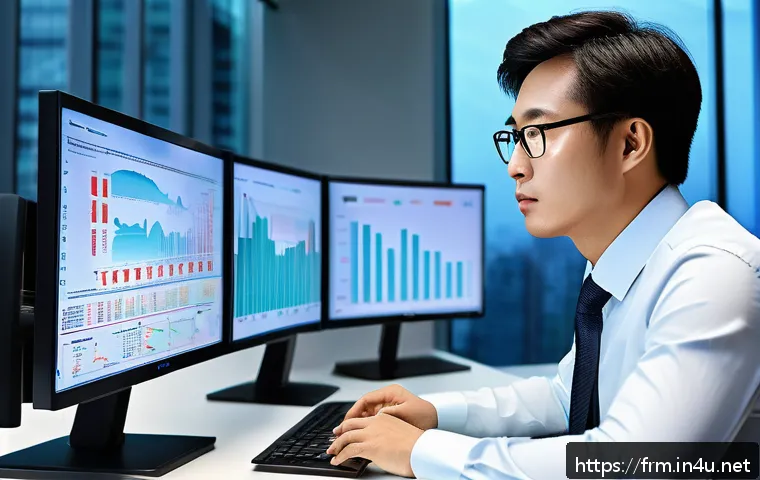 재무위험관리사 직무 인터뷰 - A professional financial risk manager in a modern office environment, analyzing multiple digital scr...